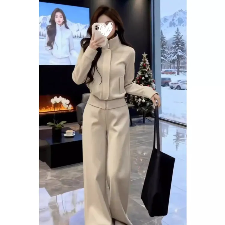 秋冬女士两件套时尚拉链长袖立领卫衣气质休闲阔腿裤套装冬季休闲
