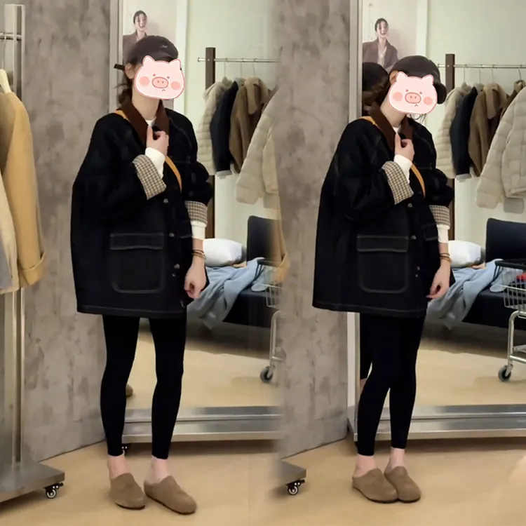 深蓝色牛仔翻领夹棉外套女2025秋季新款时尚超火绝美减龄保暖上衣