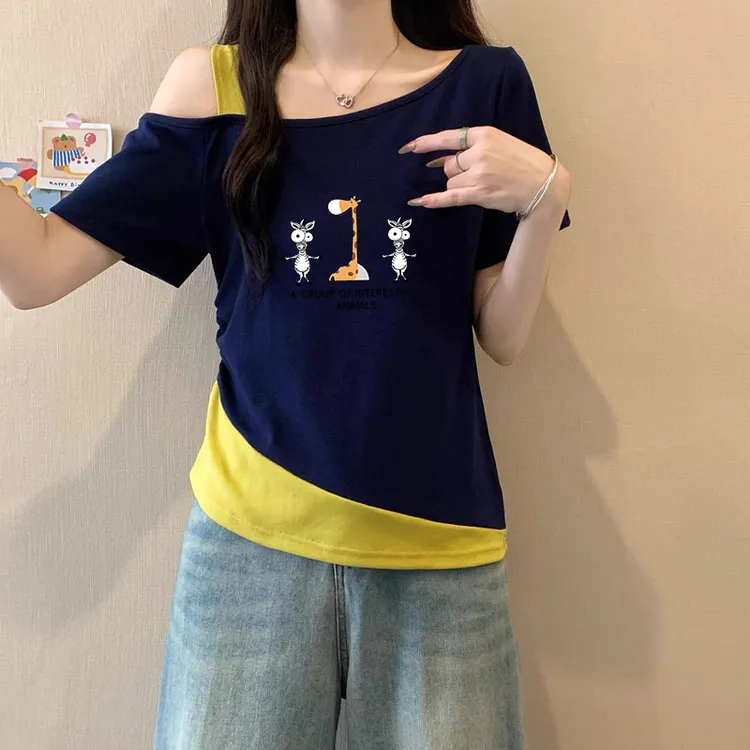 大码胖mm设计感假两件拼接短袖T恤女士夏季款不规则斜领露肩上衣