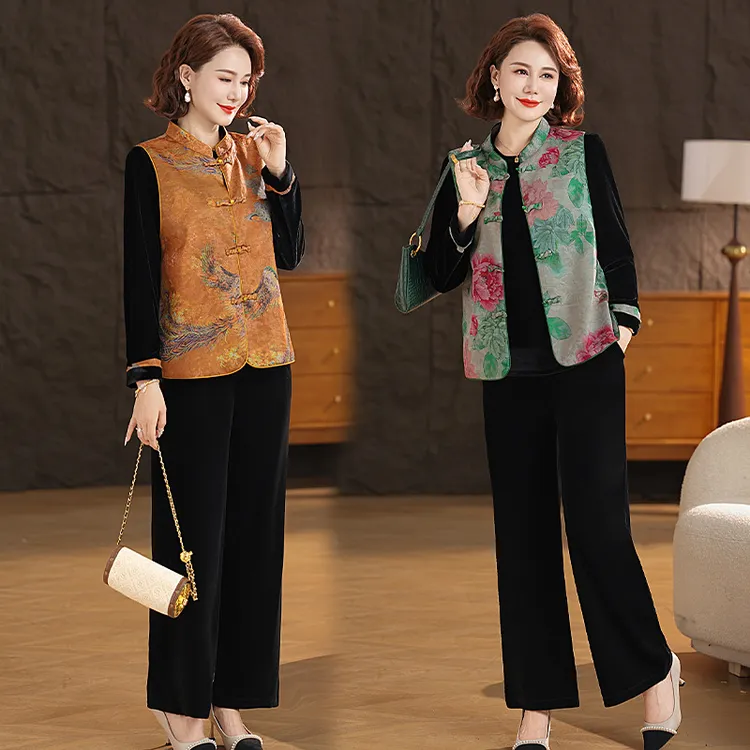 妈妈秋装金丝绒套装复古风中老年人女春秋马小衫奶奶衣服三件套