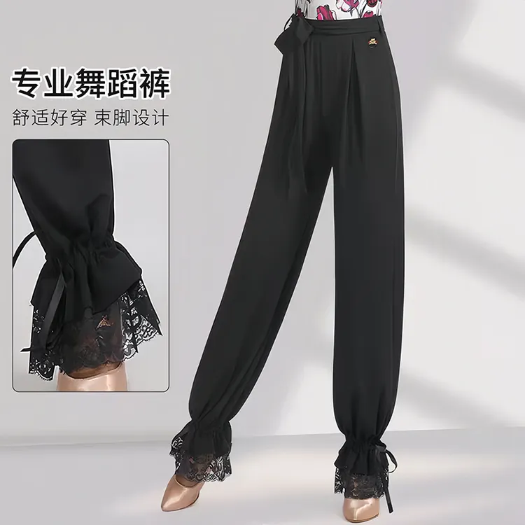 拉丁舞高腰飘带束脚舞蹈裤摩登舞交谊舞练功服新款女士黑色长裤子