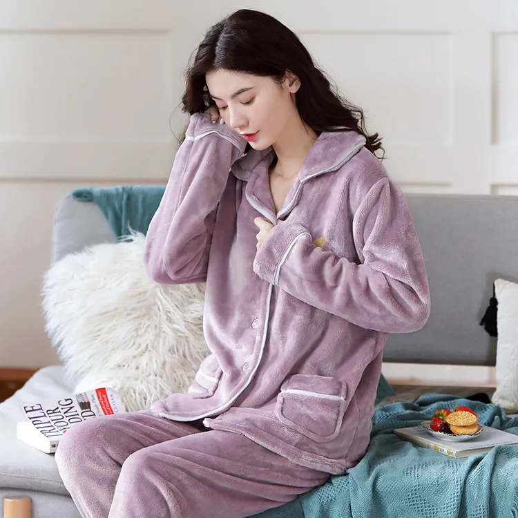 升级加厚云朵绒秋冬季珊瑚绒睡衣女套装加厚加绒法兰绒家居服套装