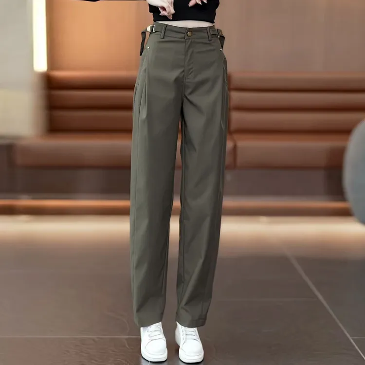 拉夏贝尔弯刀阔腿工装休闲裤女2025秋新款显瘦百搭时尚窄版直筒裤