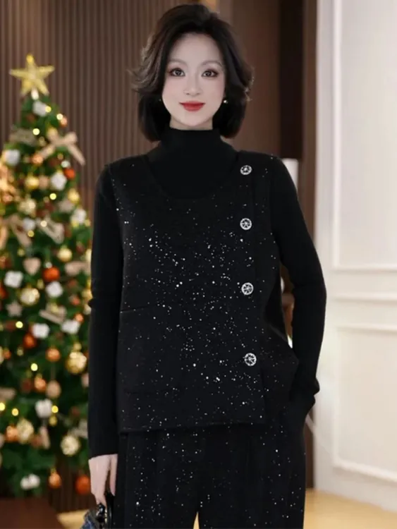 高级感休闲套装女2025春季半高领上衣蝴蝶结细闪马甲阔腿裤三件套