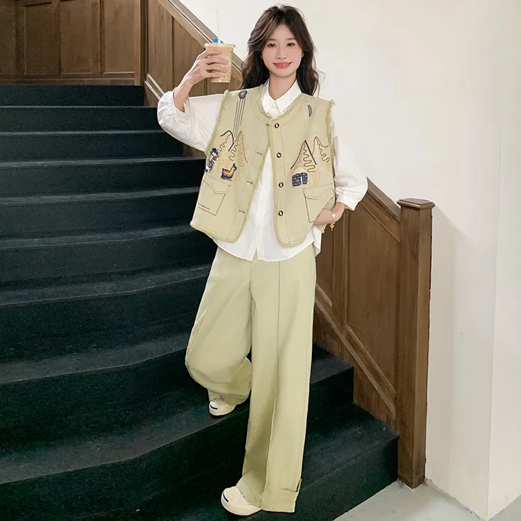 酷飒风女装高级感刺绣牛仔马甲阔腿裤两件套装早秋衬衫裤子三件套