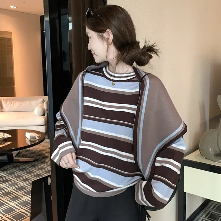 韩版时尚撞色条纹针织衫女装秋季网红洋气上衣外搭叠穿披肩两件套