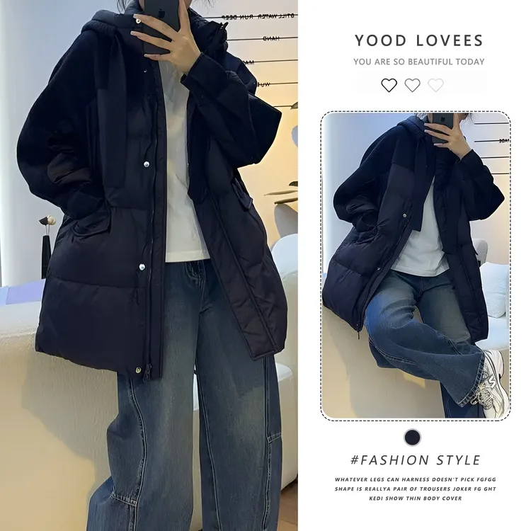 韩系拼接高级设计感连帽百搭中长款棉服冬季2025新款超好看外套潮