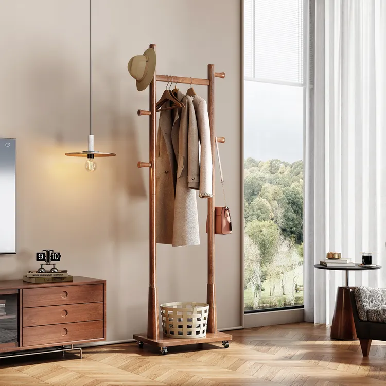 庭许可移动实木衣架子落地式家用衣帽架酒店办公室简约立式置物架