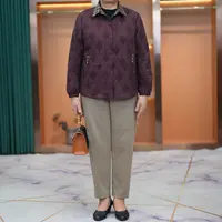 大码胖妈妈秋季套装显瘦款洋气菱形格外套+裤子中老年时尚两件套