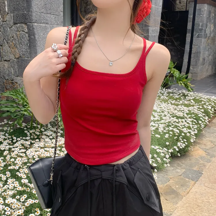 【小丸子】红色吊带背心女内搭带胸垫2025早秋穿搭美背内衣打底上衣