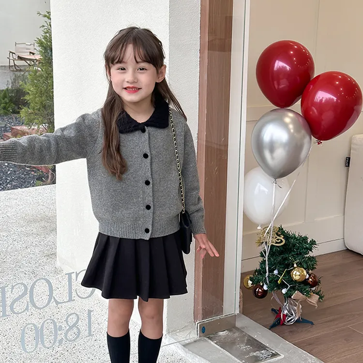 女童学院风开衫外套2025春秋新款儿童洋气时髦小女孩翻领针织毛衣