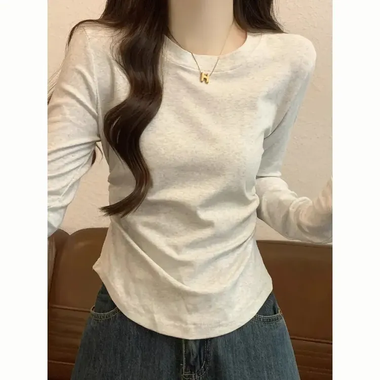 新款春秋冬薄款修身收腰t恤女长袖显瘦短款小个子圆领内搭打底衫