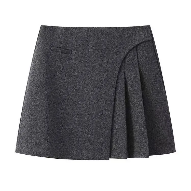 高级感灰色加厚毛呢a字半身裙秋冬2025新款高腰不规则百褶裙短裙