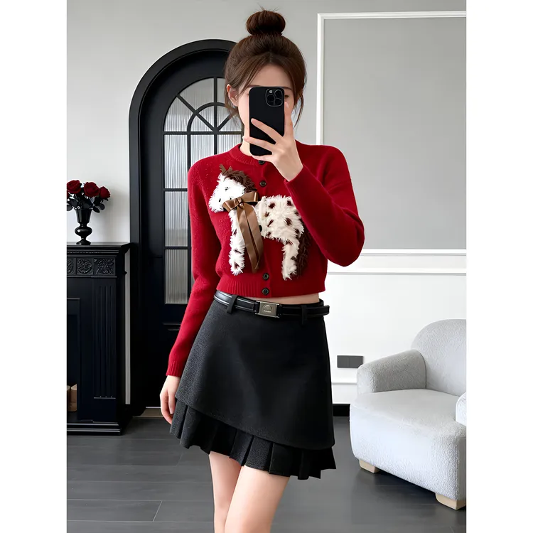 气质保暖软糯毛针织衫2025秋冬新款高级感小马蝴蝶结圆领开衫上衣