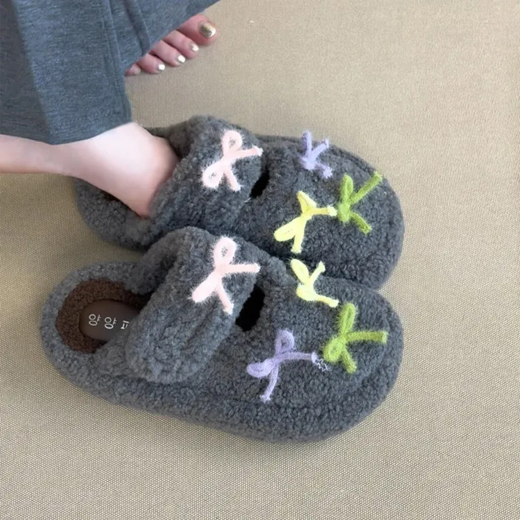 可爱蝴蝶结毛毛拖鞋室内家居女外穿厚底高级感防滑保暖棉包头拖鞋