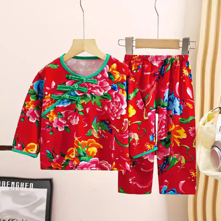 春秋款儿童家居服宝宝秋冬睡衣德绒内衣套装新中式中小童东北大花