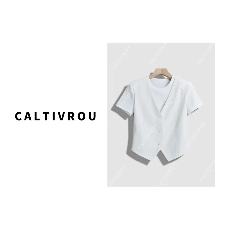 Caltivrou时髦假两件西装圆领短袖T恤-Y14851