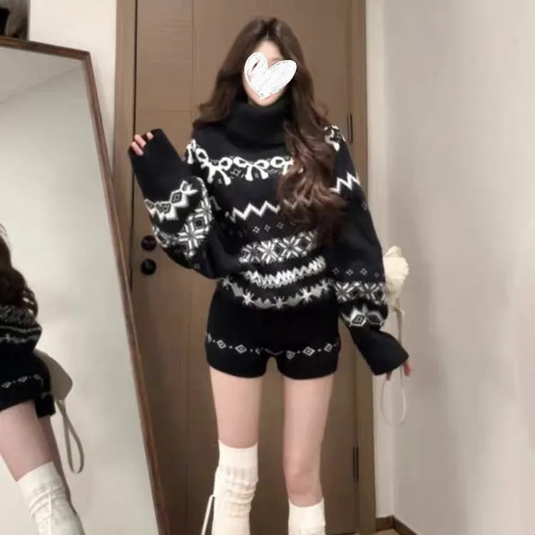 韩系慵懒费尔岛提花毛衣针织衫高领外套上衣女短裤套装秋冬穿搭