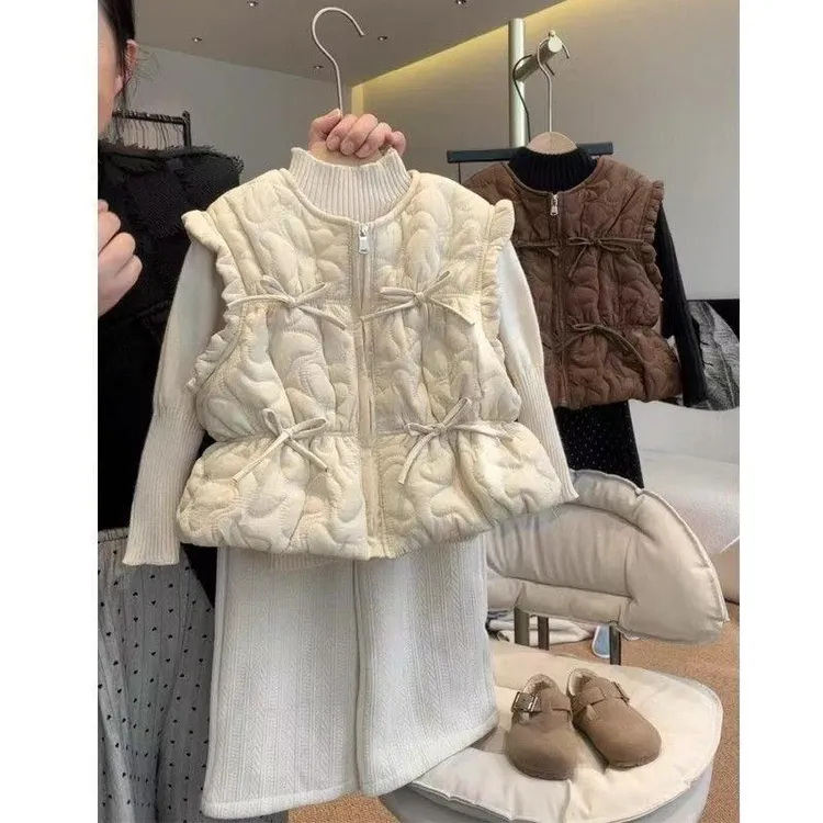 韩版童装马甲秋冬2025新款网红炸街小女孩蝴蝶结绗线棉马甲时尚