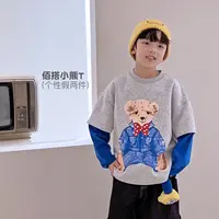 9.27号新品 儿童假两件T恤小熊印花上衣中大童男童休闲5098106O3