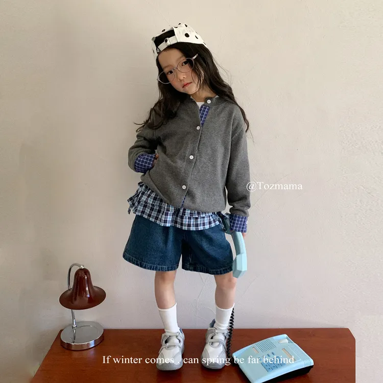 豆几妈 7/18 男童秋装格纹拼接针织开衫外套女童秋季薄款针织毛衣