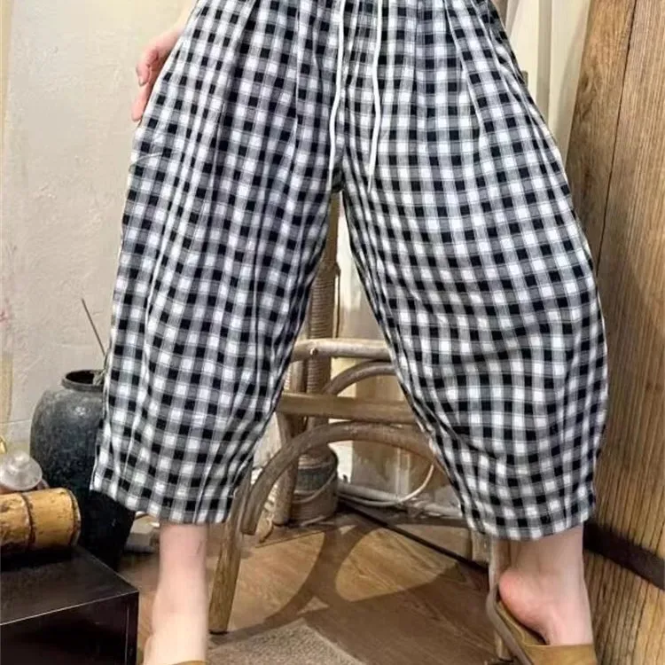 新款高腰直筒棉麻格束腿九分休闲裤显瘦百搭