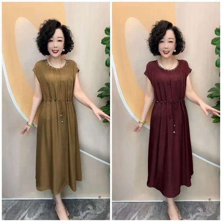 46夏新品高端大气宽松大码调节腰遮肚长款连衣裙，裙长115