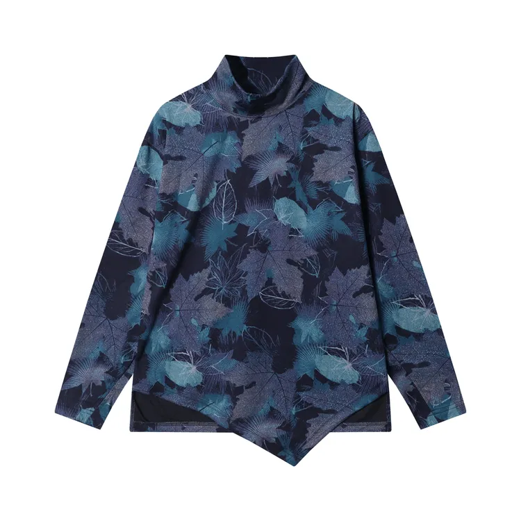 秋冬季新款时尚个性不规则撞色树叶半高领长袖T恤简约百搭上衣