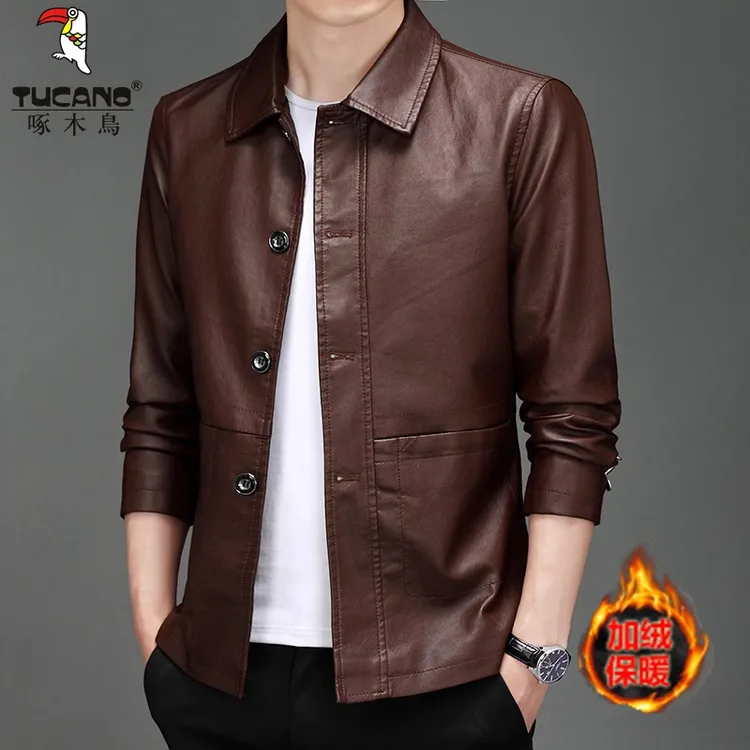 啄木鸟男士皮衣秋冬爸爸装加厚保暖外套时尚中青年翻领软皮夹克男
