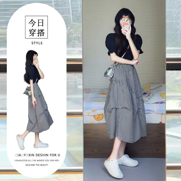 夏装搭配一整套法式高级感黑色泡泡袖上衣格子不规则半身裙套装女