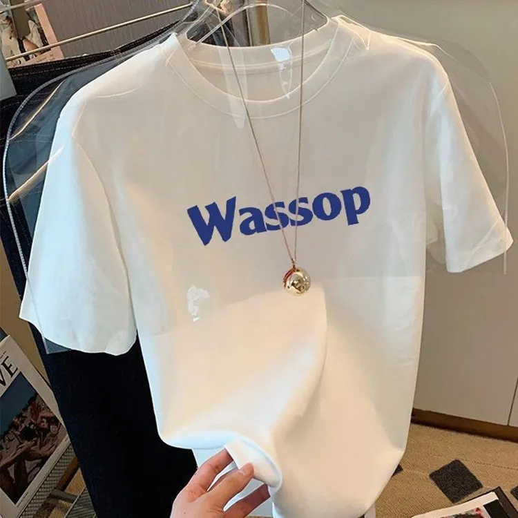 新款夏季白色百搭显瘦印花风圆领小众设计感正肩t恤女装半袖夏装