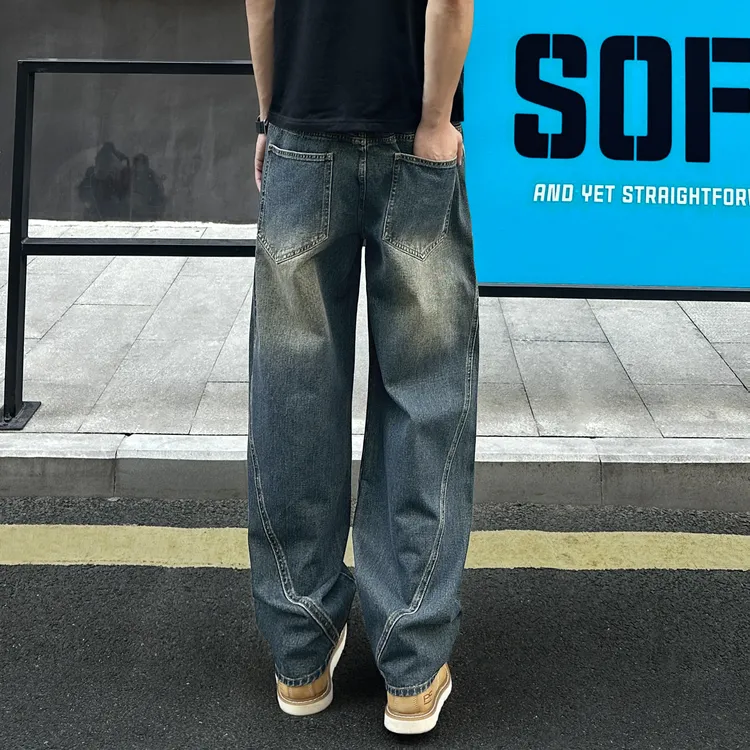 QUALCOMM秋季潮流松弛感阔腿裤男直筒长裤美式潮流拼接工装牛仔裤