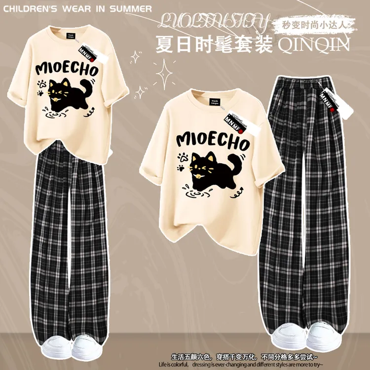 女童夏季纯棉短袖T恤套装卡通小猫咪印花中大童阔腿格子裤两件套