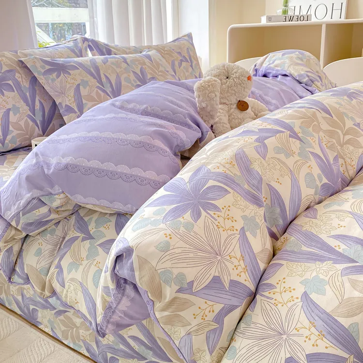 罗莱雅致家纺100%全棉四件套简约纯棉斜纹床单被套双人床上用品学