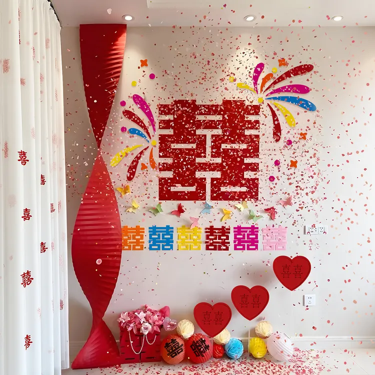 映菲寻结婚装饰客厅卧室背景墙喜字男女方婚礼多巴胺婚房布置套装