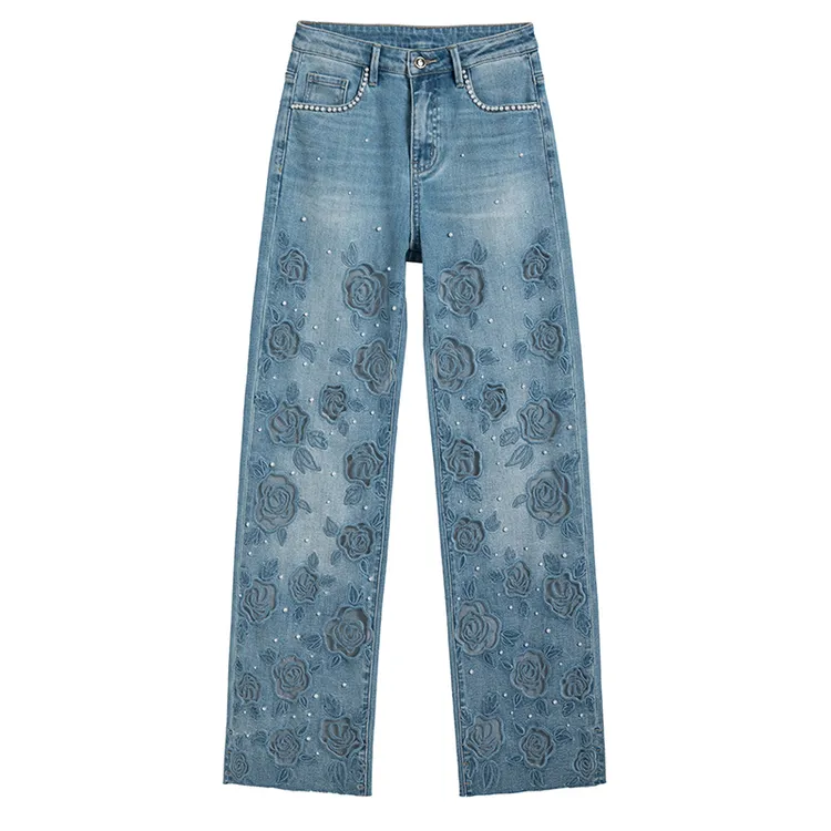 【安哥】夏季设计师新款蓝色玫瑰刺绣钉珠阔腿直筒宽松中高腰8947