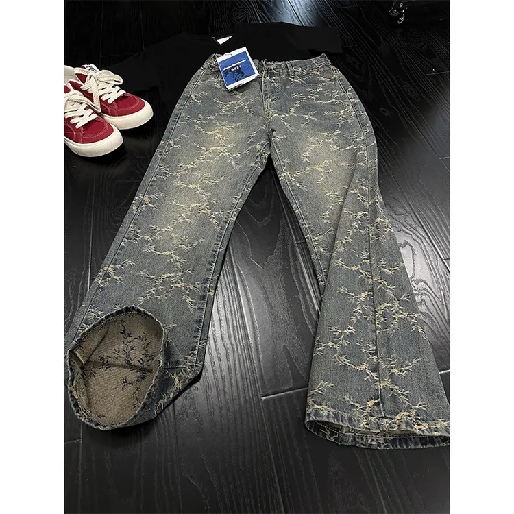 美式弯刀提花软牛仔裤男夏季潮牌vibe系皮带裤子加长版高腰微喇裤