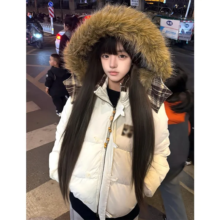 2025冬季新款毛领拼接连帽棉服外套女韩版百搭休闲加厚保暖面包服