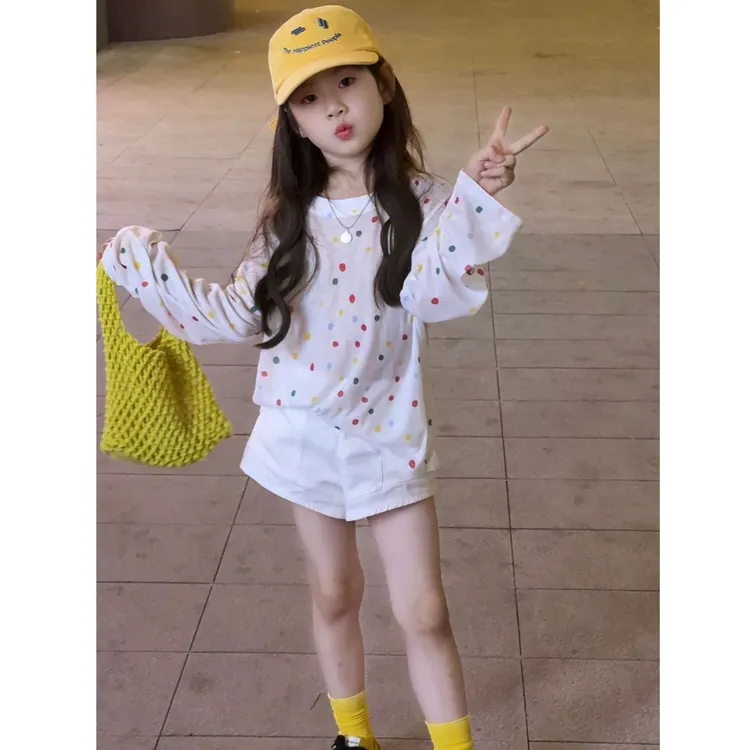 韩版童装女童夏装套装2025新款休闲彩色波点防晒罩衫上衣弹力短裤