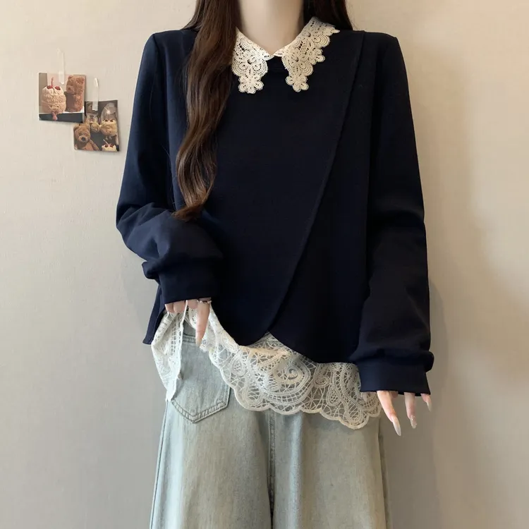 大码女装假两件娃娃领蕾丝拼接卫衣女秋冬胖妹妹宽松显瘦正肩上衣