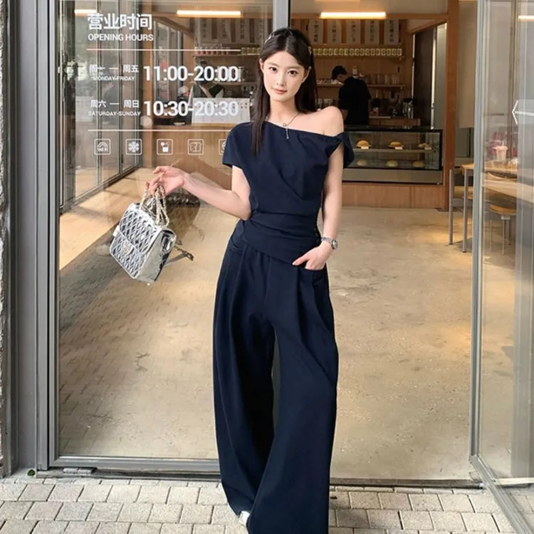 夏季新款斜领设计感吊带背心上衣女套装a摆短款休闲裤宽松阔腿裤