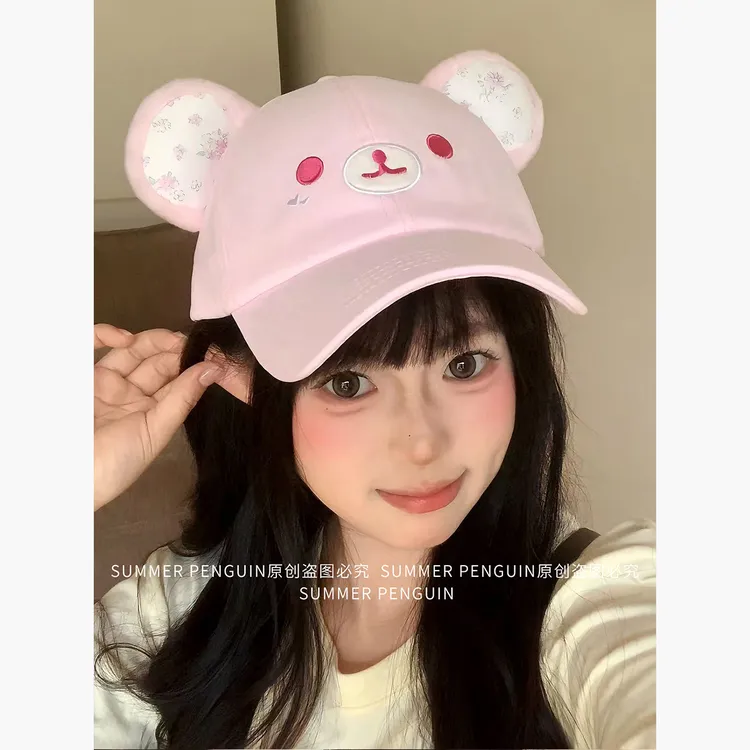 SUMMER PENGUIN可爱轻松熊熊耳毛绒刺绣棒球帽女宽檐帽春夏鸭舌帽