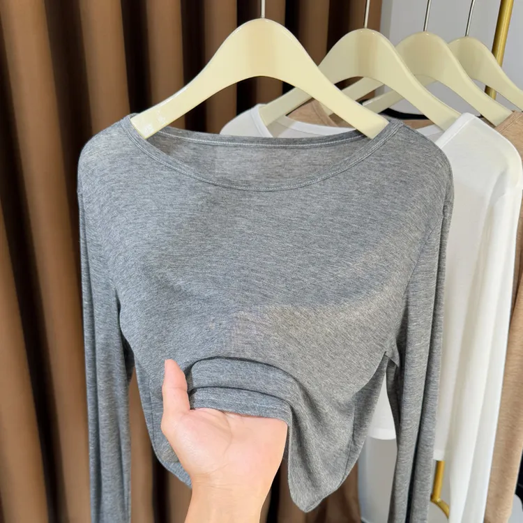 短款灰色显瘦针织打底衫女2025新款大圆领t恤薄款修身微透罩衫女