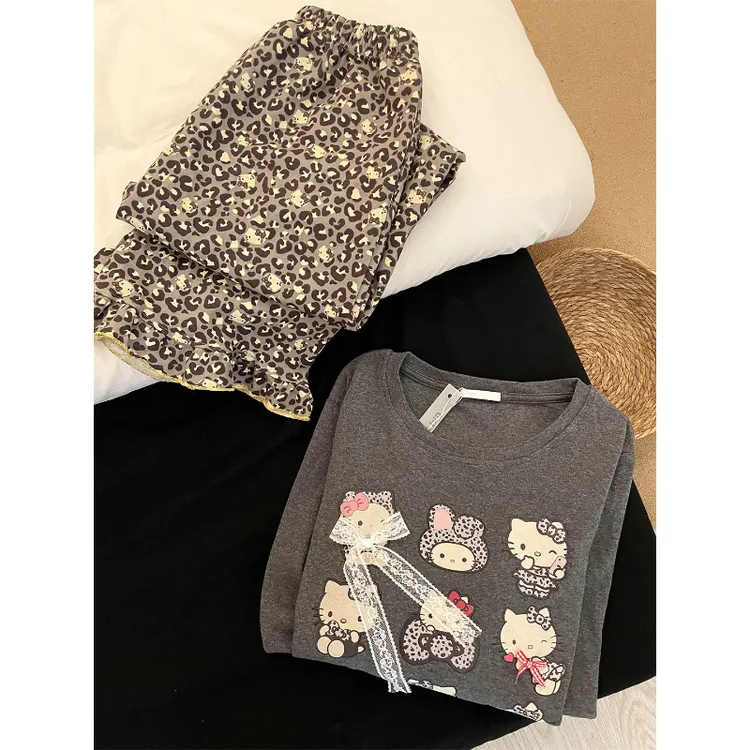 甜美风可爱少女kitty印花长袖睡衣女春秋新款豹纹长裤家居服套装