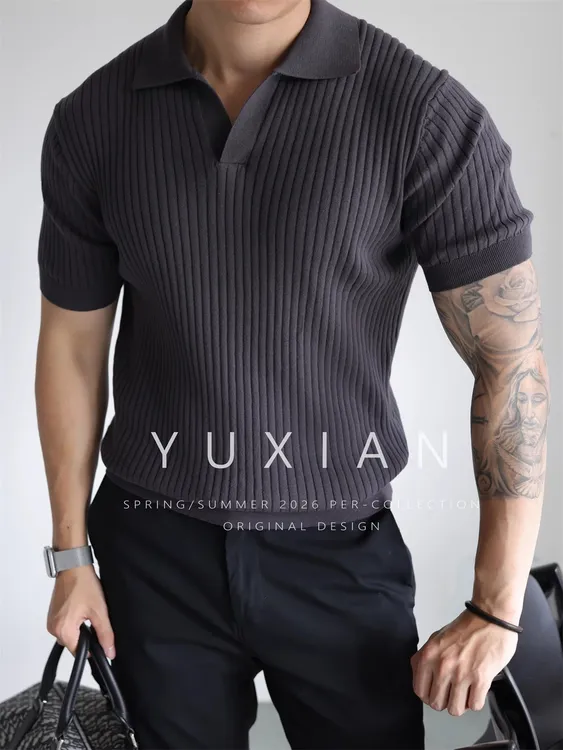 YUXIAN美式复古坑条全棉V领海鸥领针织短袖男士T恤休闲商务春夏季