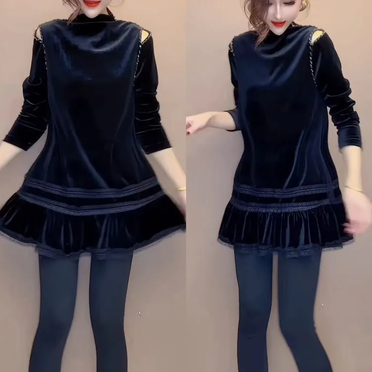 露肩圆领常规老钱风连衣裙洋气黑色女装