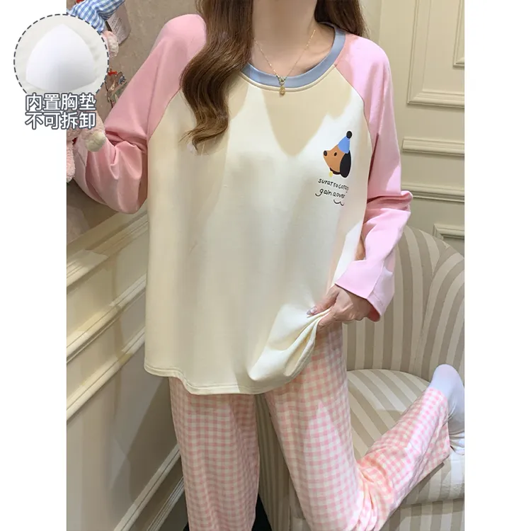 睡衣女款爆款2025新款春秋季可外穿宽松大码带胸垫长袖家居服套装