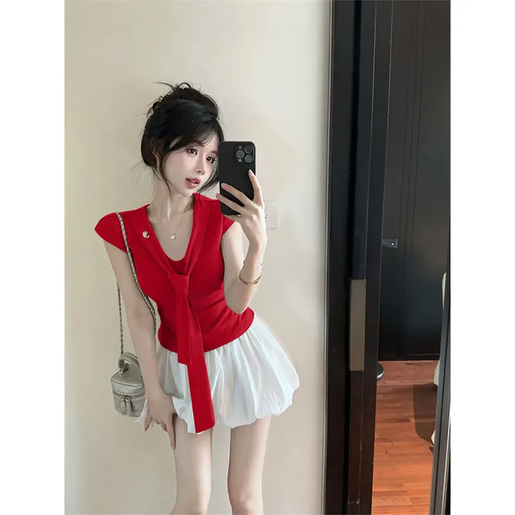 2025夏季新款纯欲学院风海军领系带无袖修身T恤+花苞半身裙两件套