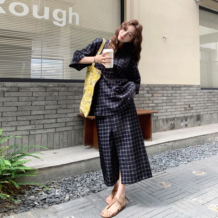 复古格纹套装裙夏季女2025新款小众韩系松弛感慵懒风穿搭两件套潮