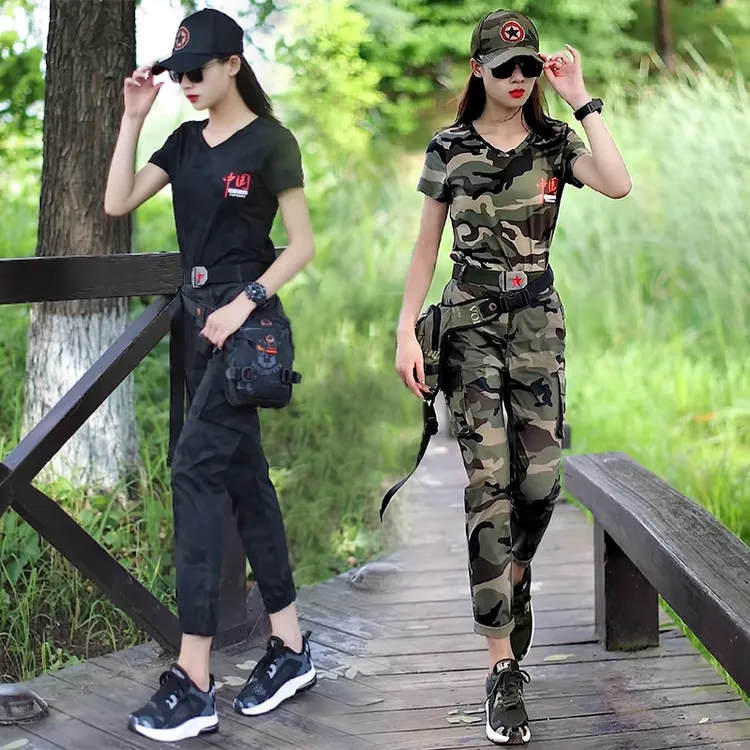 休闲运动套装弹力夏季宽松韩系薄雾少女风显瘦时尚户外迷彩军训